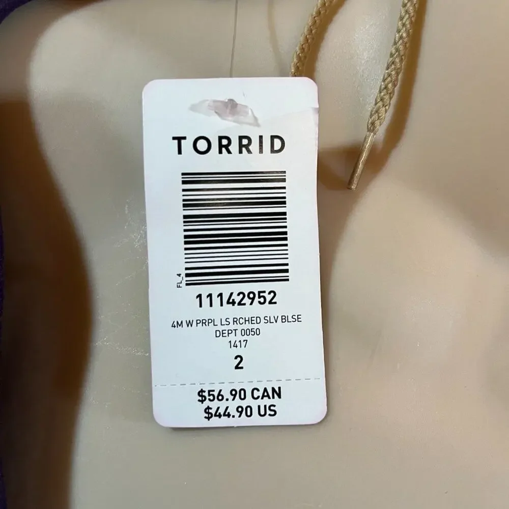 Torrid Purple Long Sleeve Ruched Blouse   Size 2  NWT